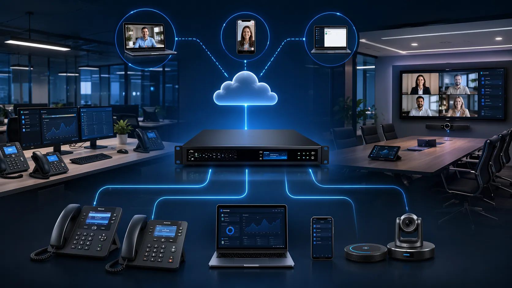 IP PBX integrado Grandstream suportando telefones de mesa, endpoints de vídeo e usuários remotos em uma rede empresarial