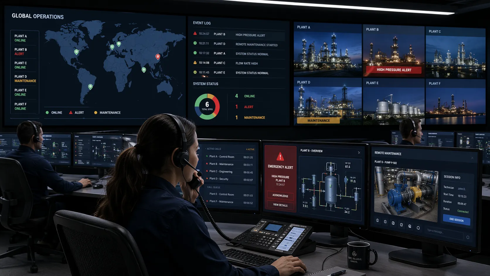 Pessoal da sala de controle gerenciando chamadas de telefones industriais, eventos de emergência e manutenção remota em múltiplos locais da instalação