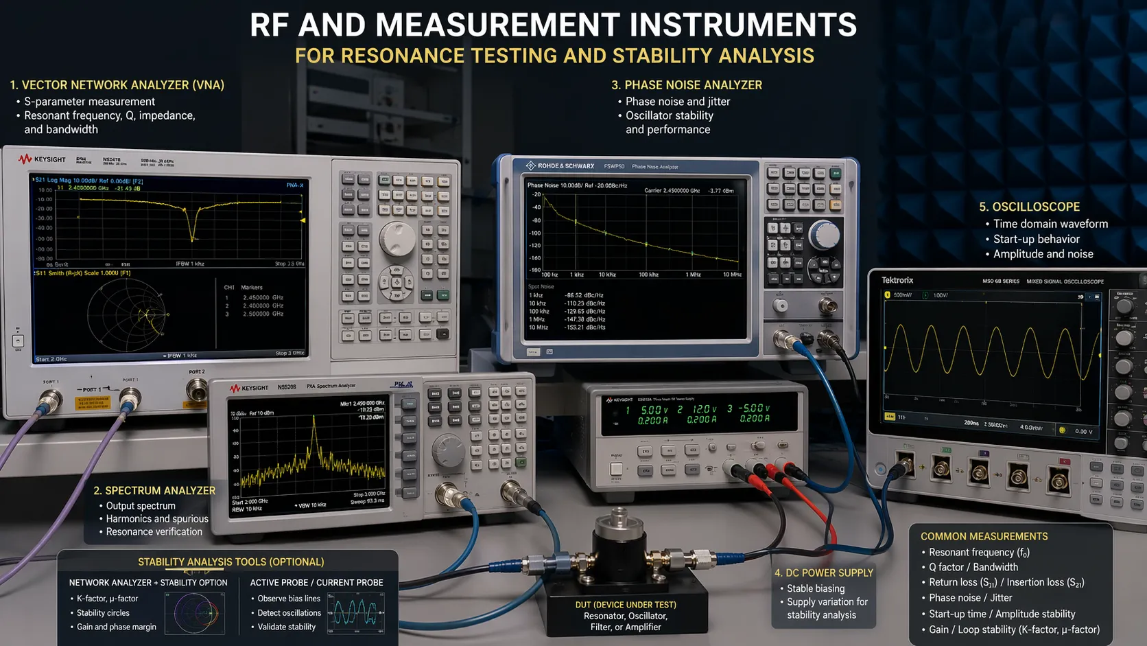 Instrumentos de RF e medição usados para testes de ressonância e análise de estabilidade