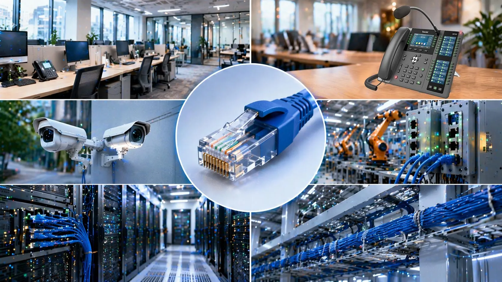Cabo Ethernet com conector RJ45 conectado a equipamentos de rede de escritório