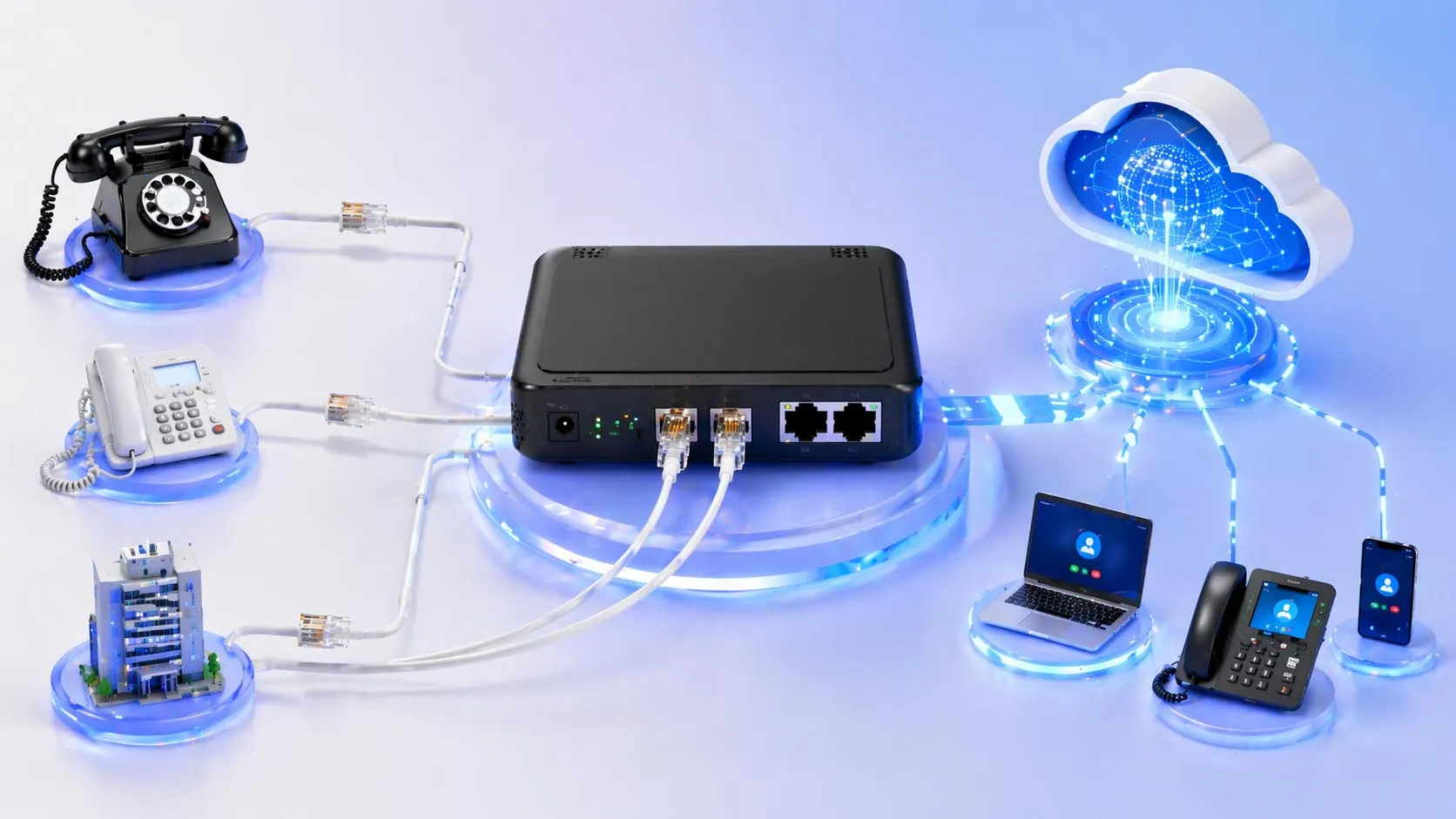 Monofone telefônico conectado por um cabo RJ11 em um ambiente de comunicação de escritório