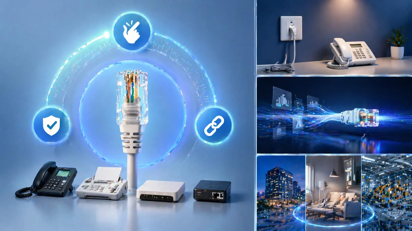 Interface telefônica analógica RJ11 conectada a um gateway de voz em um sistema de comunicação híbrido