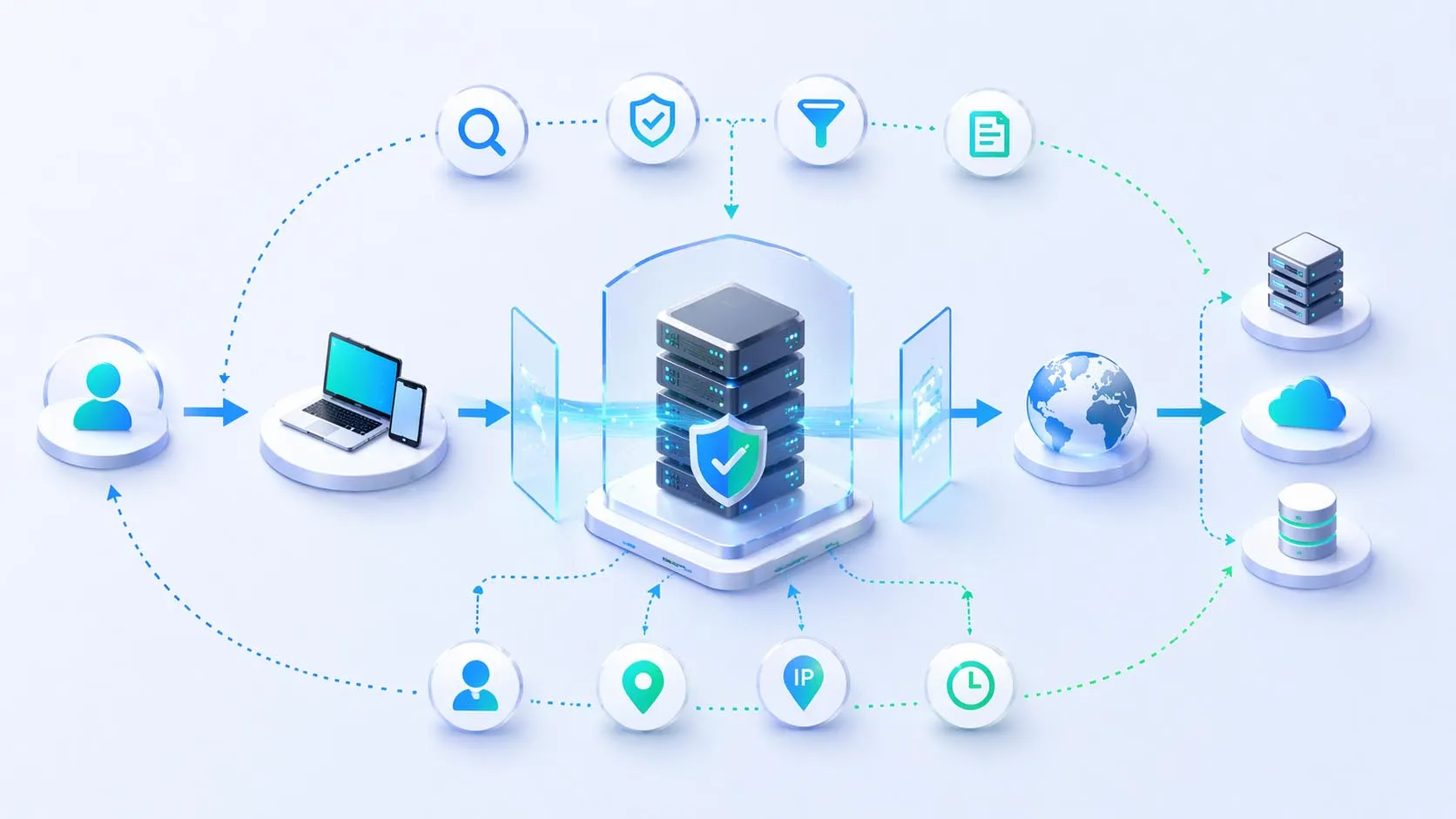 Fluxo de solicitação de servidor proxy mostrando tráfego do cliente entrando no proxy, inspeção de política e encaminhamento, e resposta retornando ao solicitante