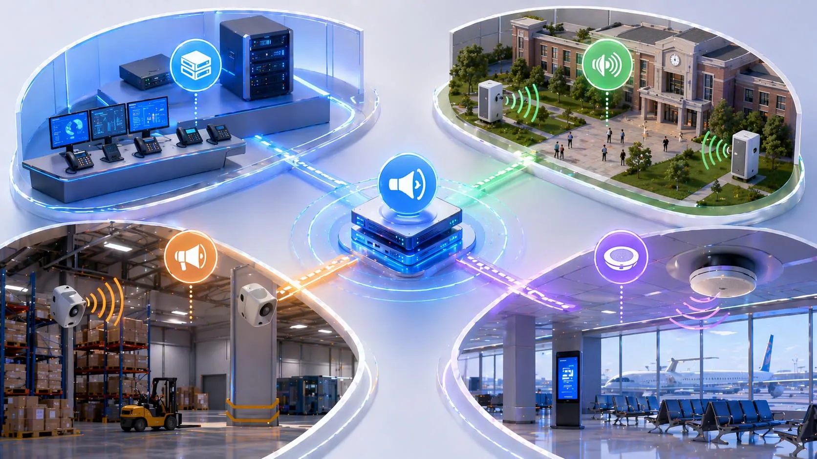 Aplicações de paginação prioritária em hospitais, plantas industriais, campi, escritórios e zonas de megafonia usando telefones IP e alto-falantes de paginação