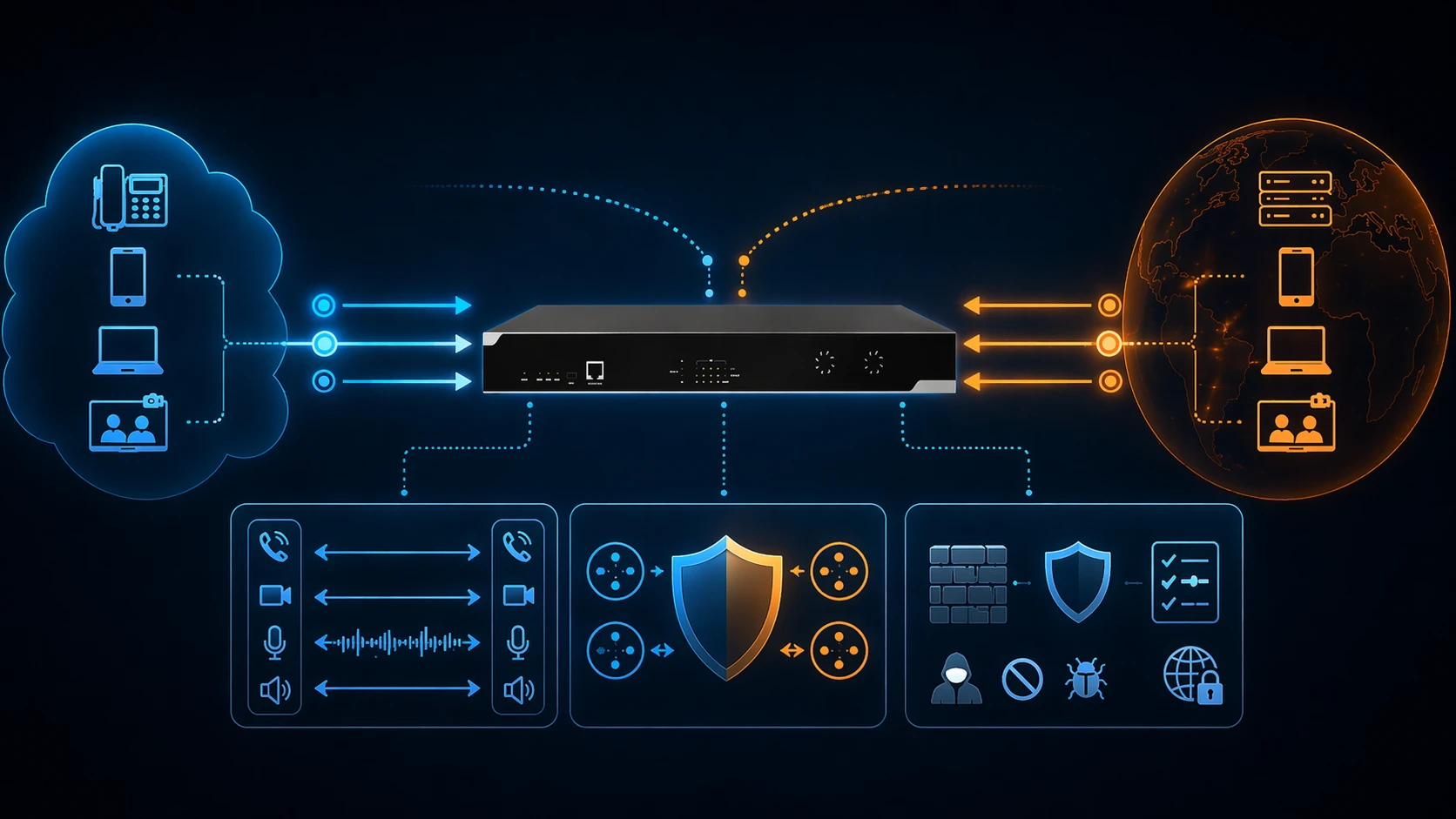 Session Border Controller processando sinalização SIP e mídia entre duas redes IP enquanto aplica funções de segurança, política e interoperação
