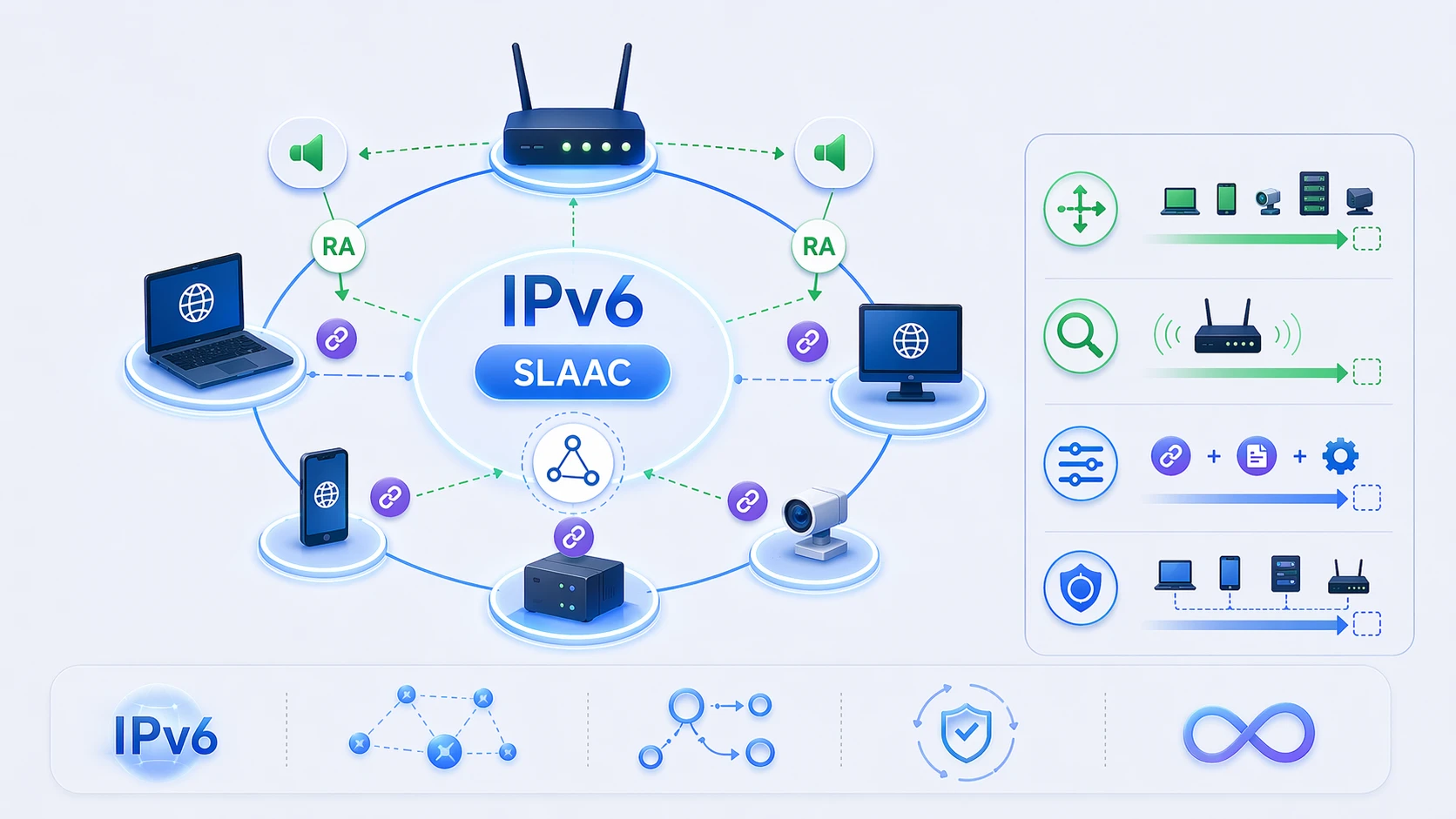 Benefícios do SLAAC IPv6 mostrando configuração automática de host menor esforço manual e criação escalável de endereços