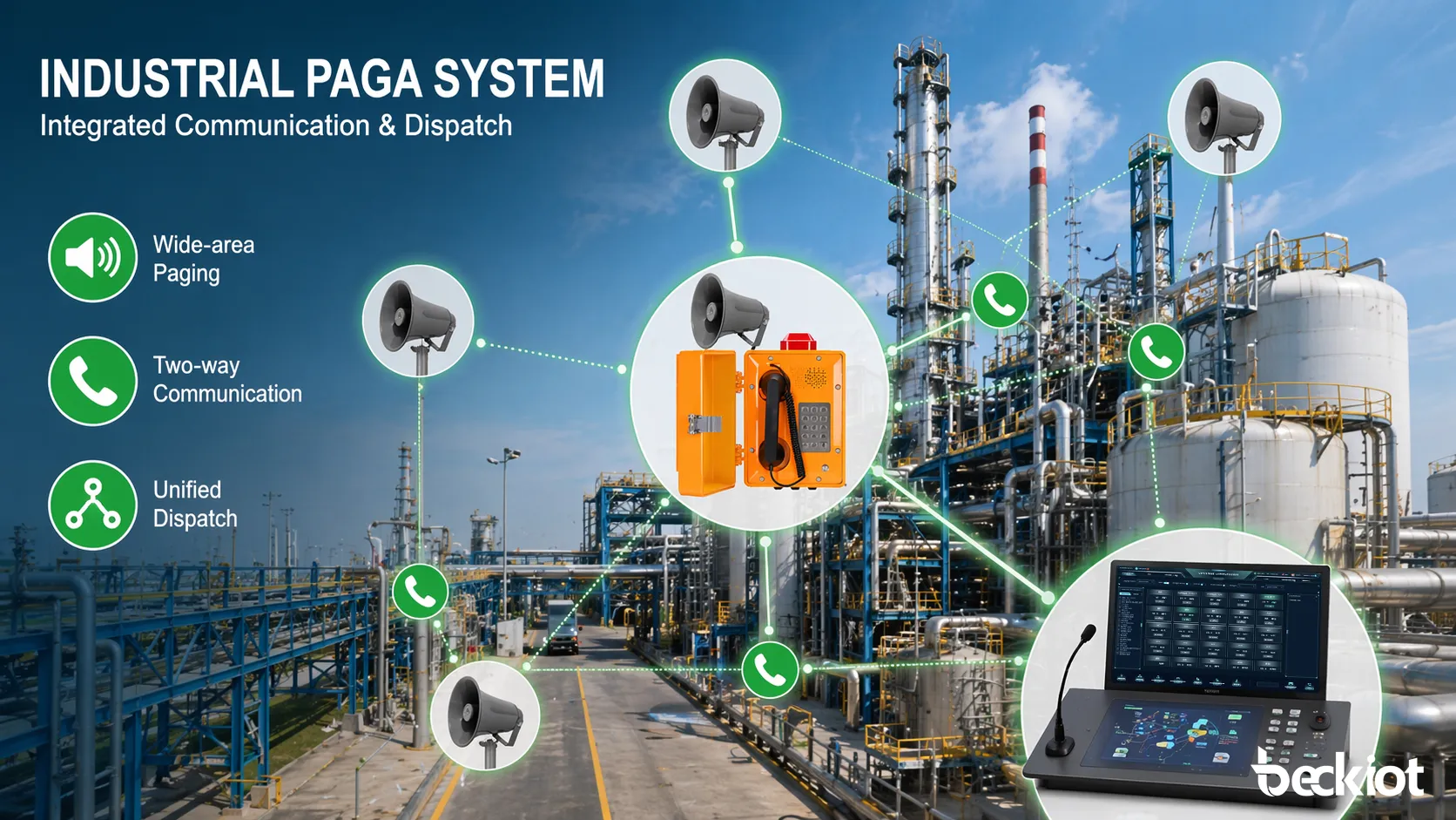 Sistema PAGA industrial em uma planta com alto-falantes, telefonia e integração de despacho