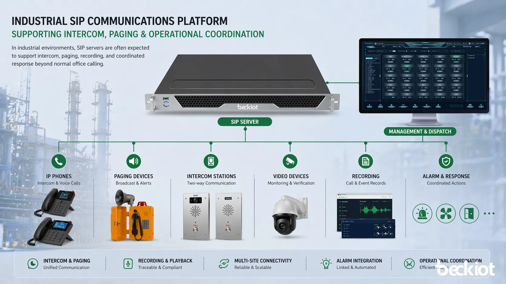 Plataforma industrial de comunicações SIP com suporte a intercom, paging e coordenação operacional