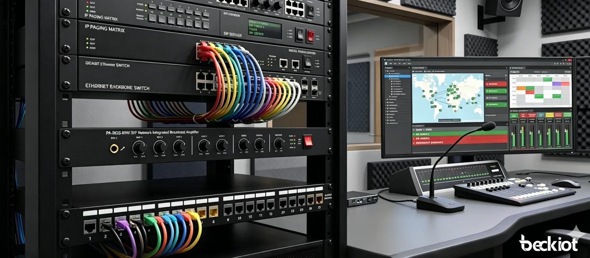 PA-BGS-60W SIP network integrated broadcast amplifier installed in a professional IP audio system environment