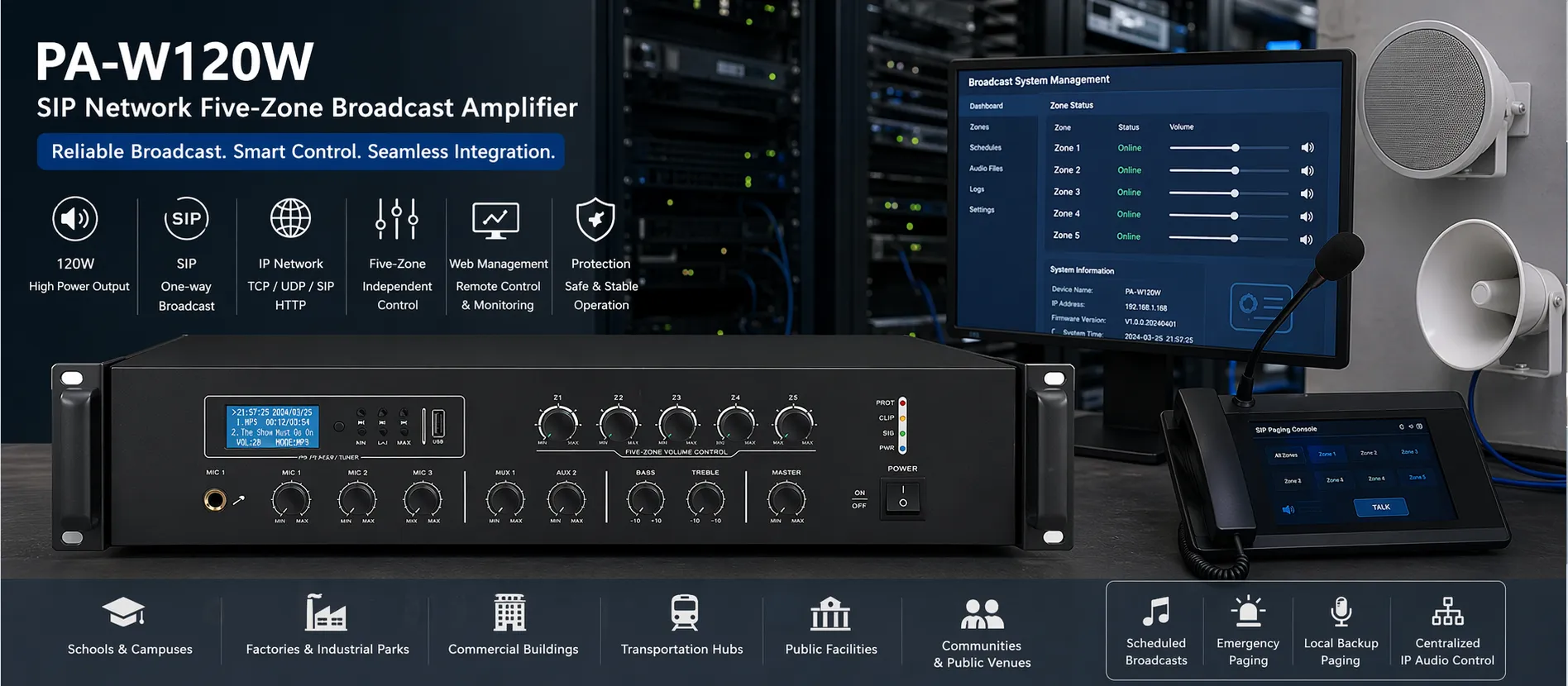 Amplificador de transmissão SIP em rede de cinco zonas PA-W120W instalado em um ambiente profissional de áudio IP