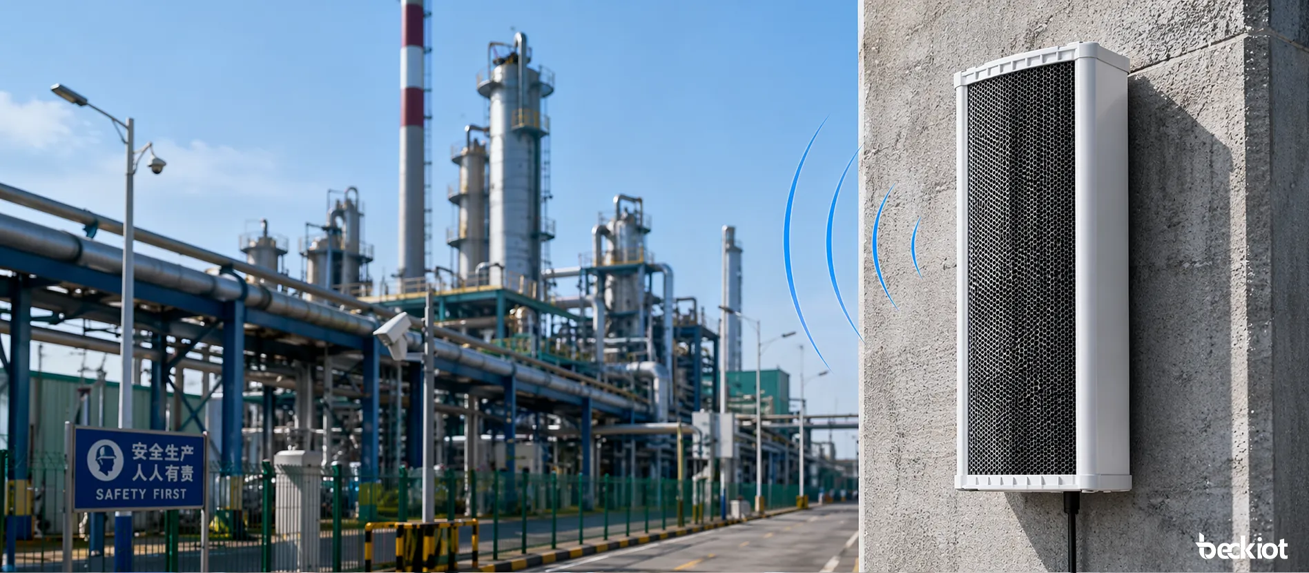 Alto-falante coluna de áudio SIP de 90W SK09 instalado em um ambiente industrial de alto-falante público ao ar livre