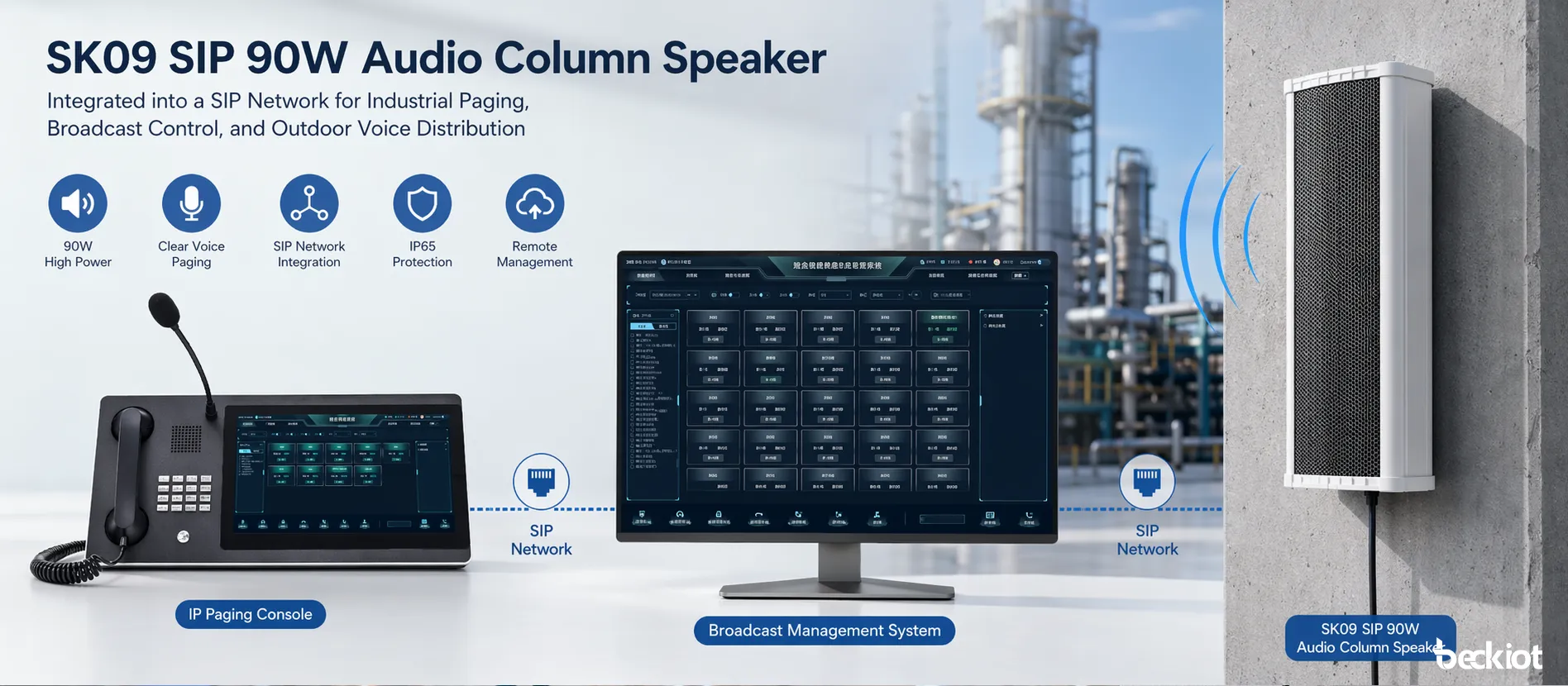 Alto-falante coluna de áudio SIP de 90W SK09 conectado a uma rede de chamadas e transmissão SIP