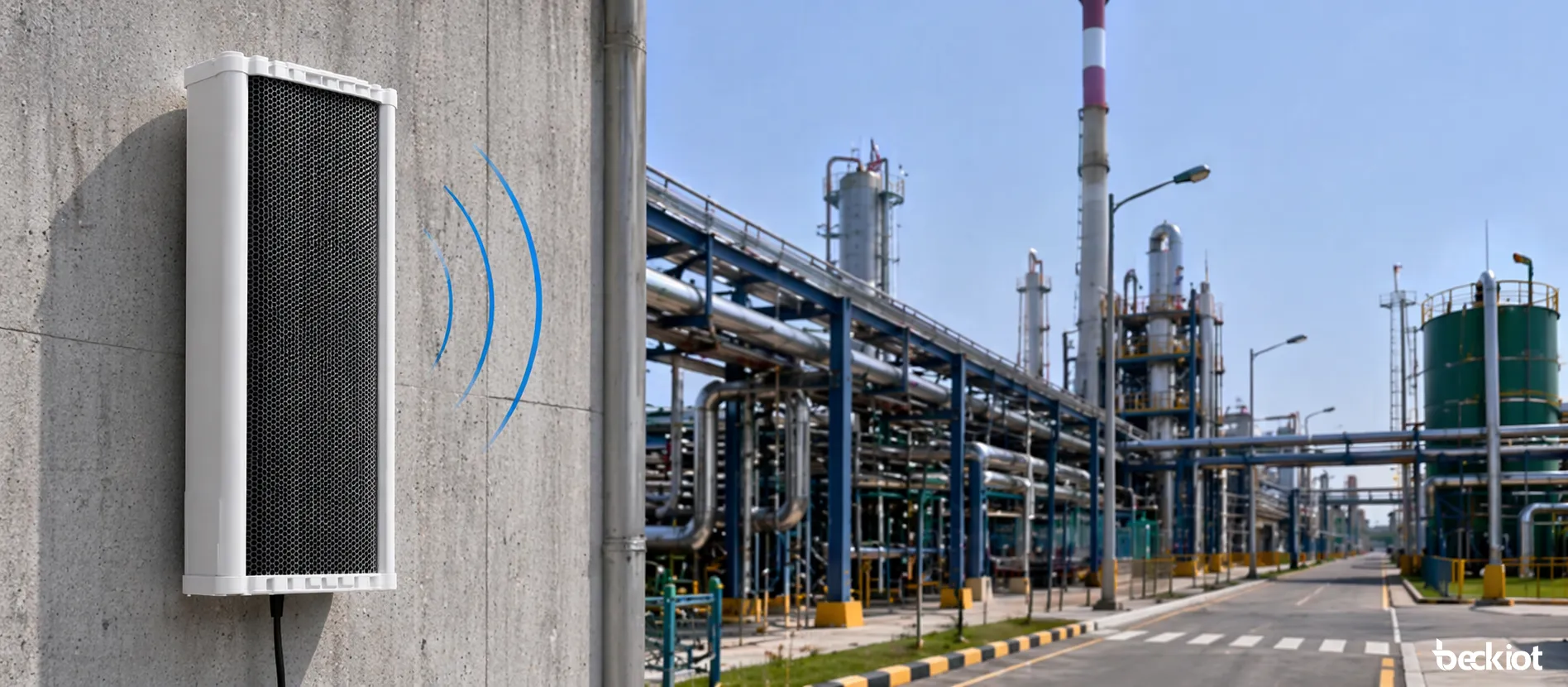 Alto-falante colunar de áudio SIP de 120W SK12 instalado em uma parede industrial externa para cobertura de sonorização pública de alta potência