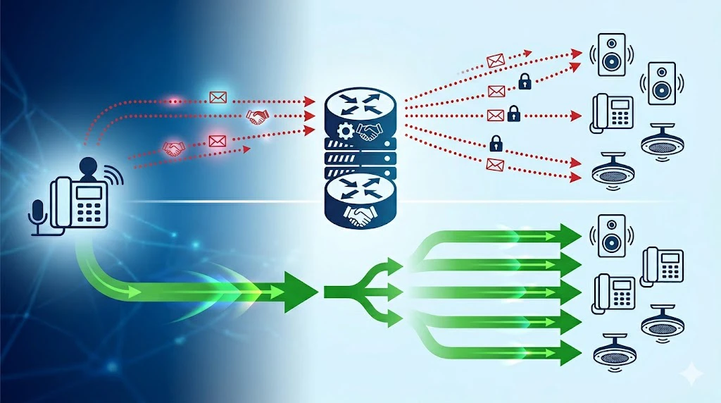 Princípio da páginação por multicast SIP mostrando controle SIP e distribuição de áudio multicast para múltiplos endpoints