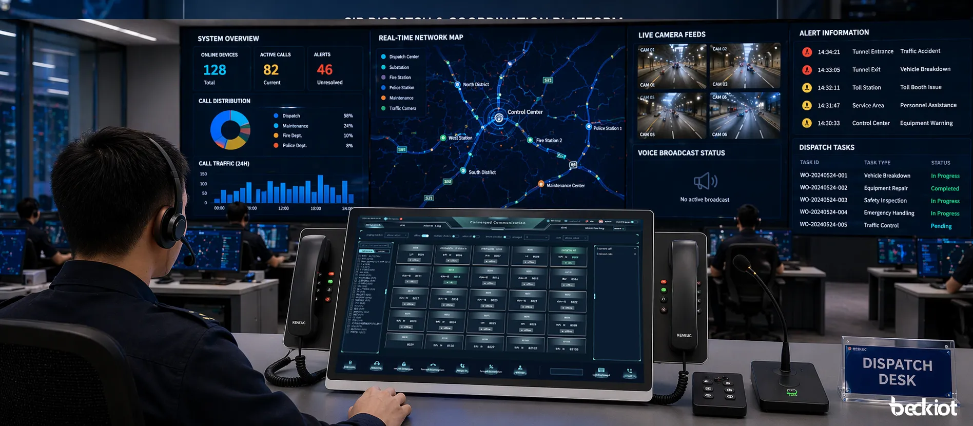 Console de despacho IP BK-DSC-236 usado em uma sala de controle para operações de comunicação, notificação e despacho