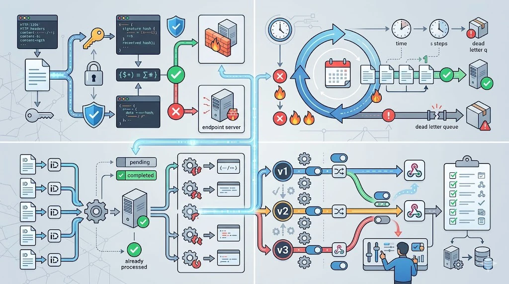 Design de segurança e confiabilidade do webhook mostrando validação de assinatura, tratamento de novas tentativas, registro de eventos e processamento idempotente Design de segurança e confiabilidade do webhook mostrando validação de assinatura, tratamento de novas tentativas, registro de eventos e processamento idempotente