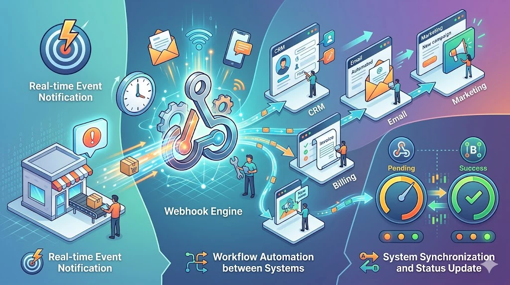 Funções do webhook incluindo notificação de eventos, automação de fluxos de trabalho e sincronização entre sistemas em aplicações em nuvem Funções do webhook incluindo notificação de eventos, automação de fluxos de trabalho e sincronização entre sistemas em aplicações em nuvem