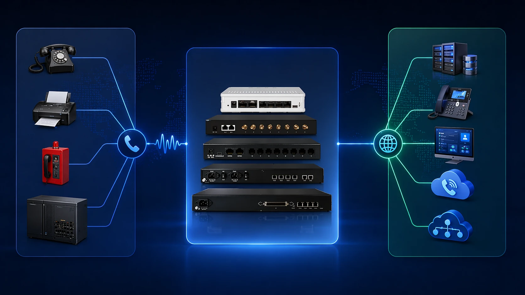 Arquitetura de rede de gateway VoIP com terminais analógicos, troncos PSTN ou PBX, camada de processamento do gateway, servidor SIP e rede IP