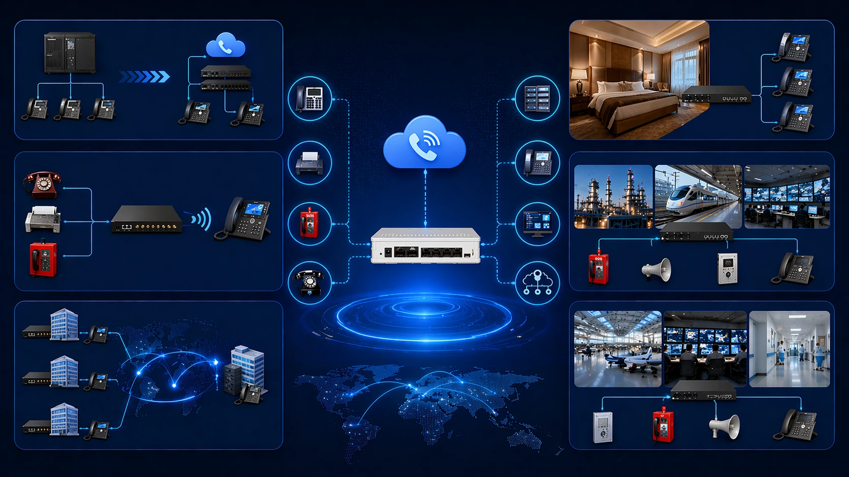 Aplicações de gateway VoIP em migração de PBX empresarial, telefonia de filial, telefones analógicos de emergência e sistemas de comunicação industrial
