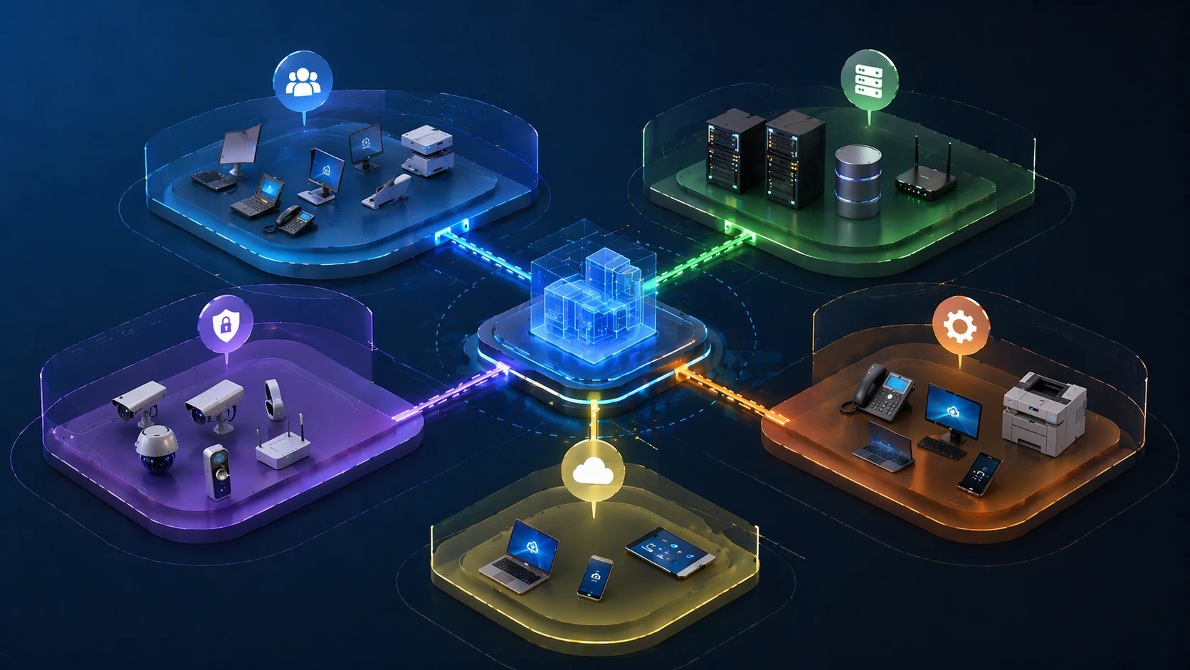 Recursos de segmentação VLAN incluindo isolamento de tráfego, redução de broadcast, separação de voz e dados e gerenciamento estruturado de rede