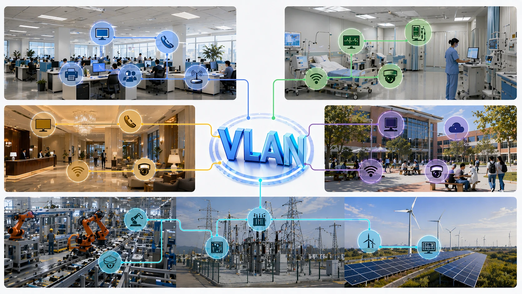 Segmentação VLAN usada em escritórios corporativos, Wi-Fi de campus, hospitais, sistemas de vigilância e redes de controle industrial