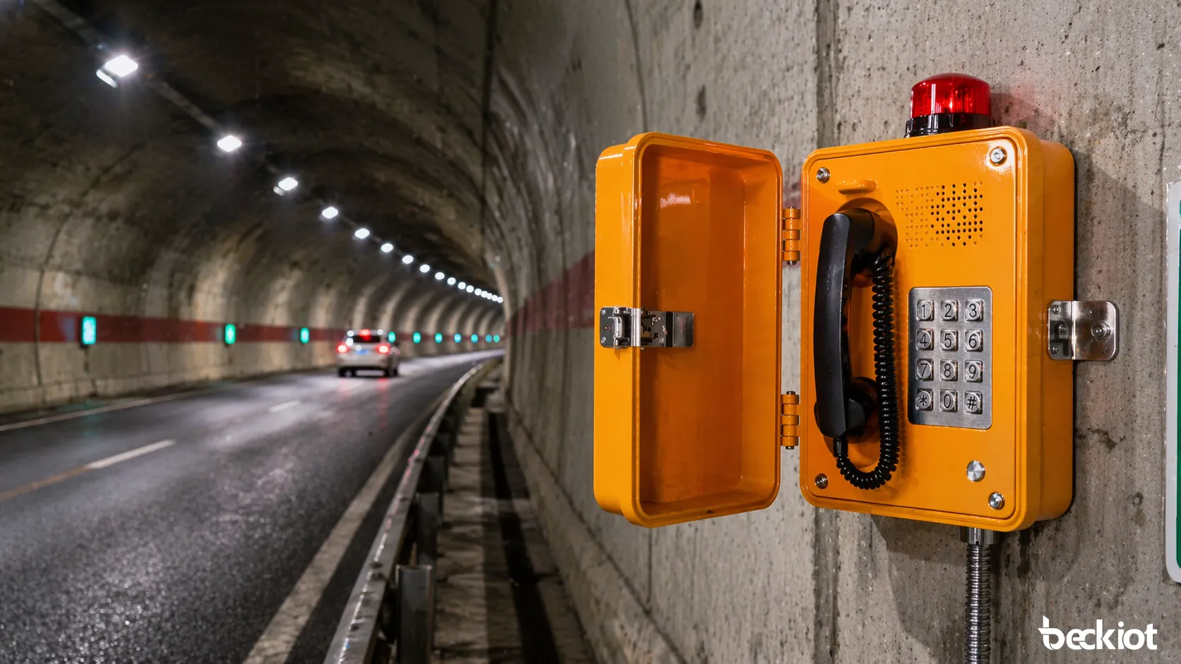 Telefone de emergência resistente às intempéries instalado em um túnel ou corredor à beira da estrada para assistência rápida e comunicação com a sala de controle