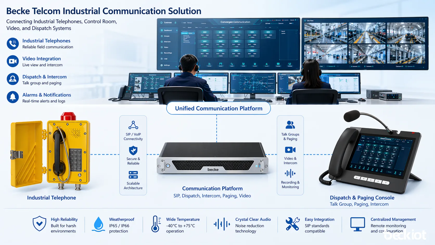Solução de comunicação industrial Becke Telcom conectando telefones industriais à sala de controle, vídeo e sistemas de despacho