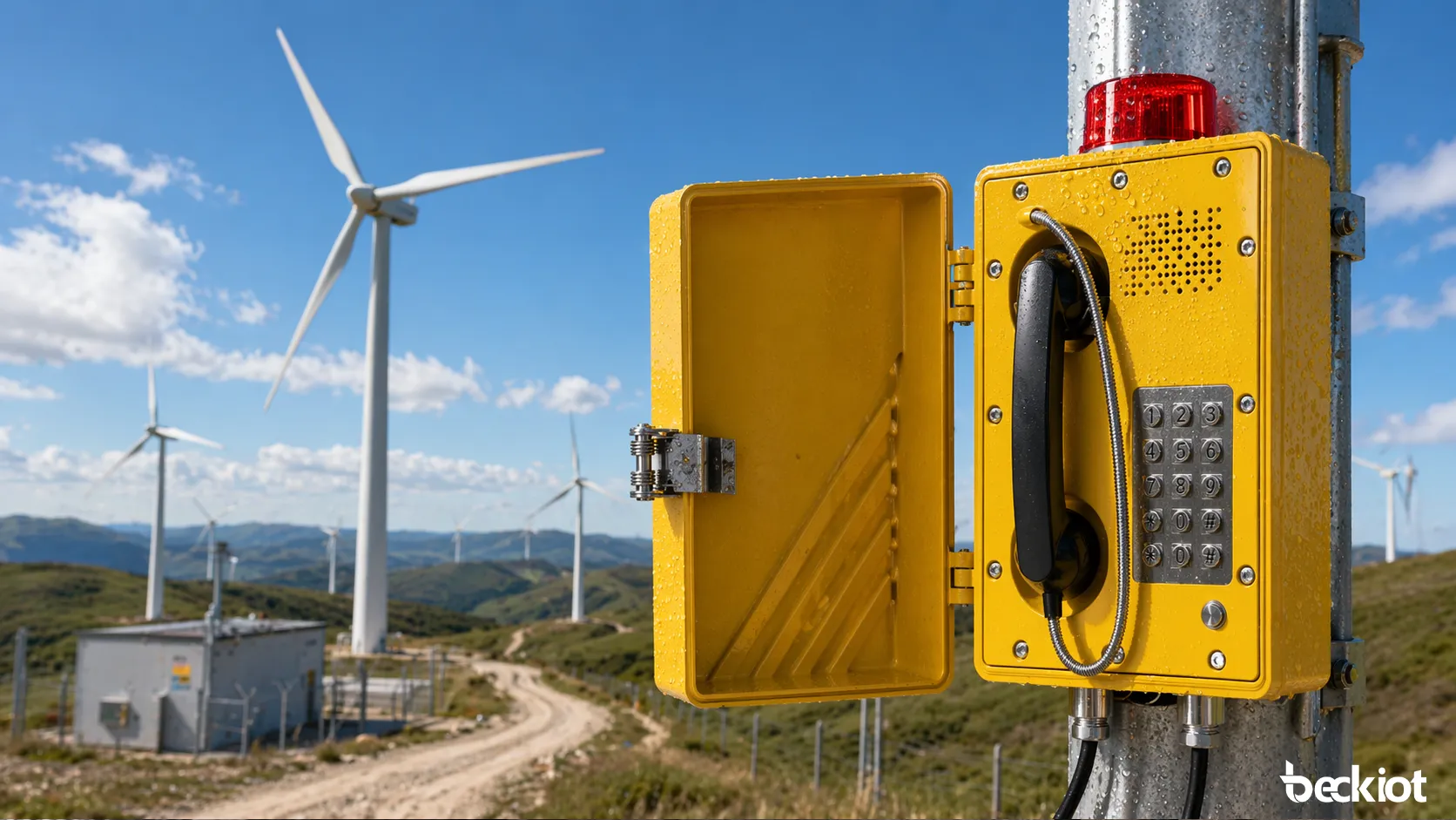 Telefone industrial Becke Telcom usado em parque eólico remoto para coordenação de campo e comunicação de emergência