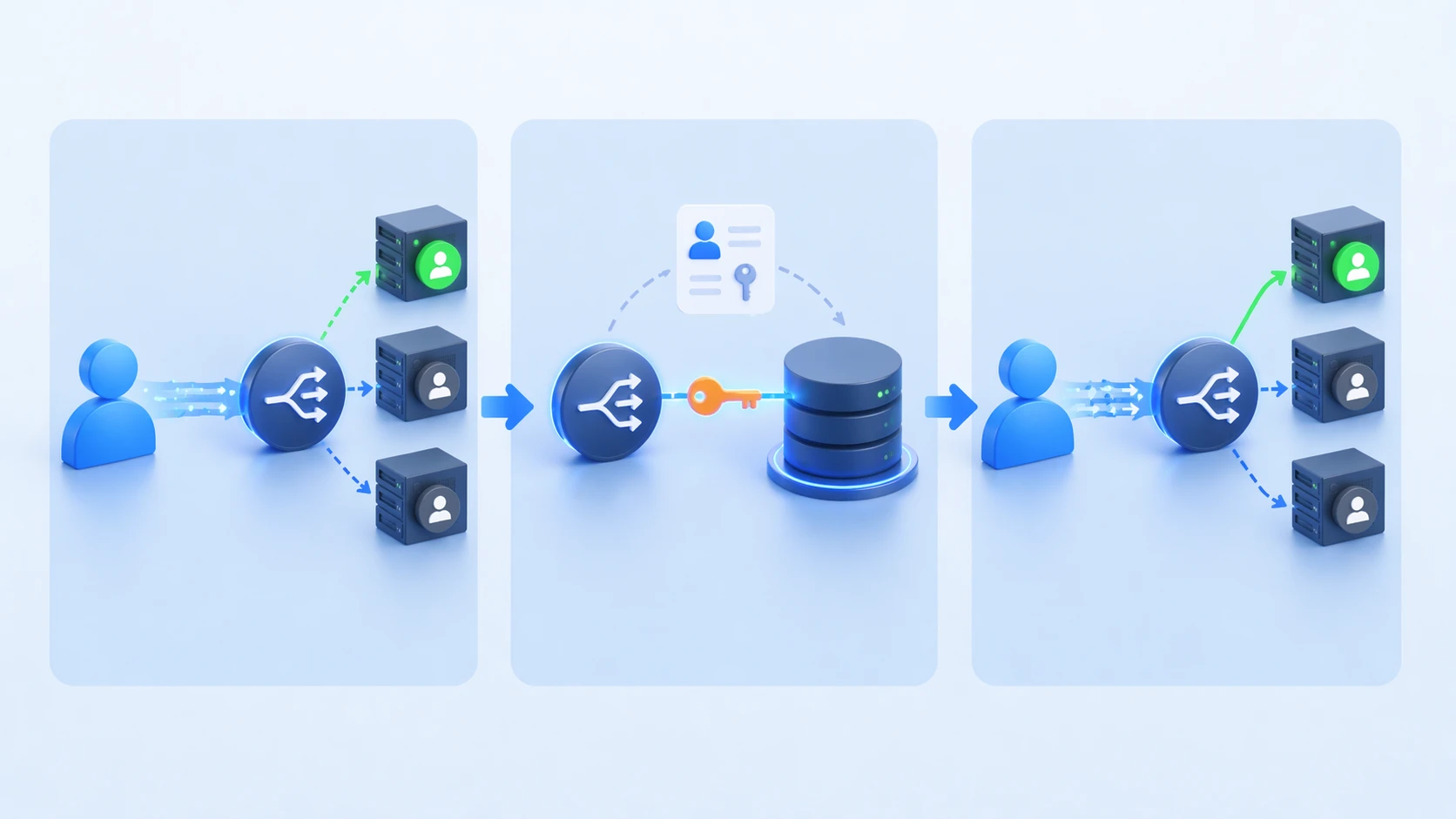 Flujo de persistência de sessão con balanceador que selecciona un backend, guarda una clave de afinidad y enruta requisições posteriores al mismo servidor Flujo de persistência de sessão con balanceador que selecciona un backend, guarda una clave de afinidad y enruta requisições posteriores al mismo servidor