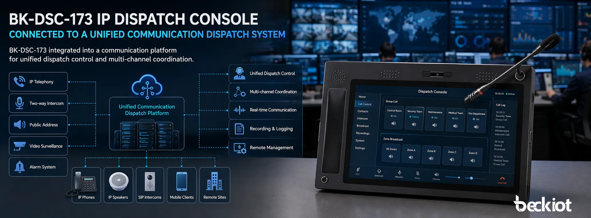 Console de Despacho IP BK-DSC-173 utilizada em um ambiente moderno de sala de controle