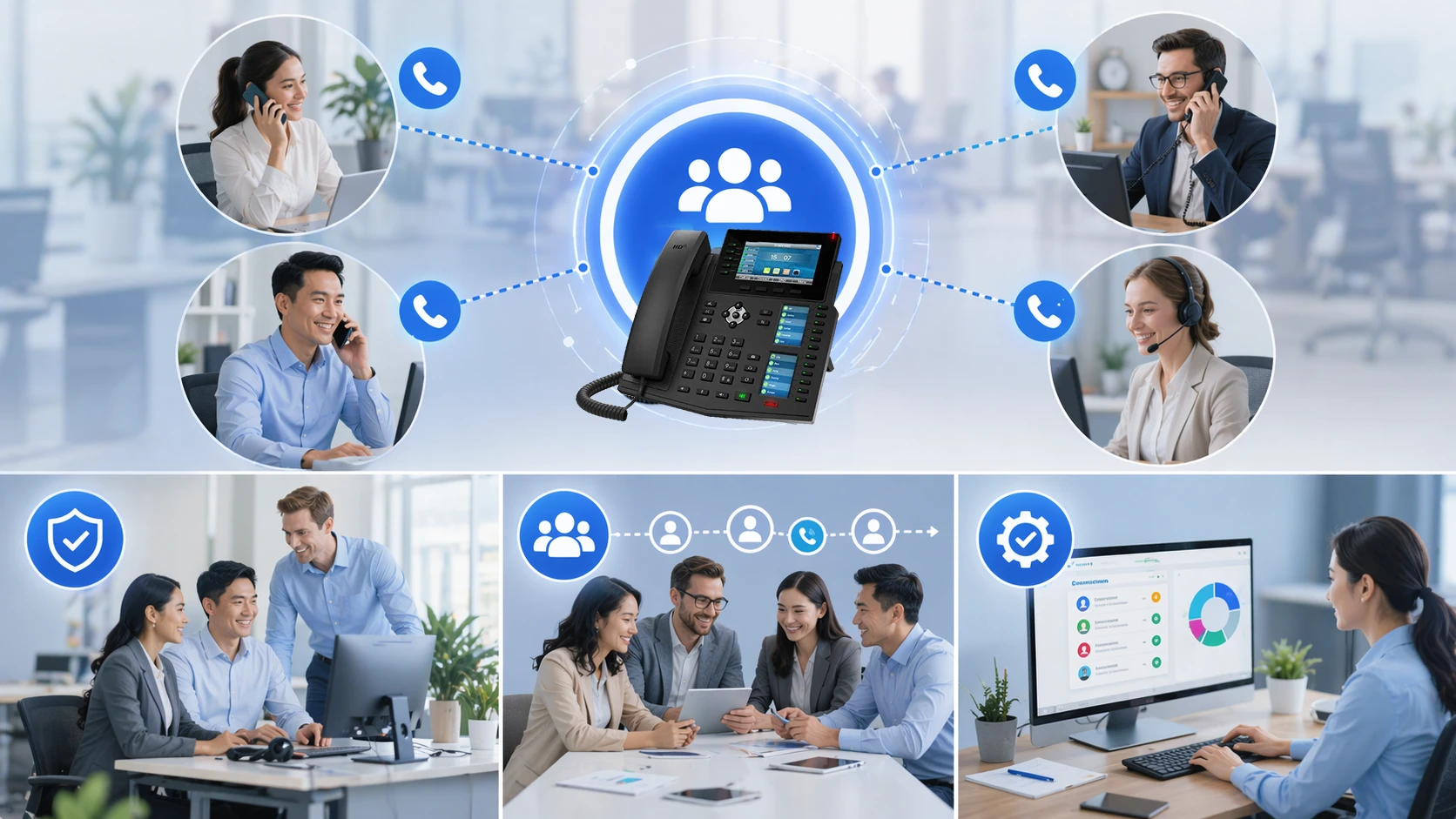 Linha empresarial compartilhada em telefones IP otimizando cobertura de chamadas e visibilidade de equipe