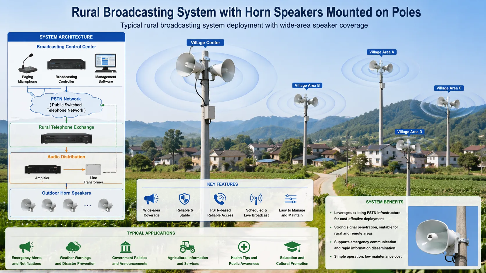 Sistema de radiodifusão rural com cornetas montadas em postes