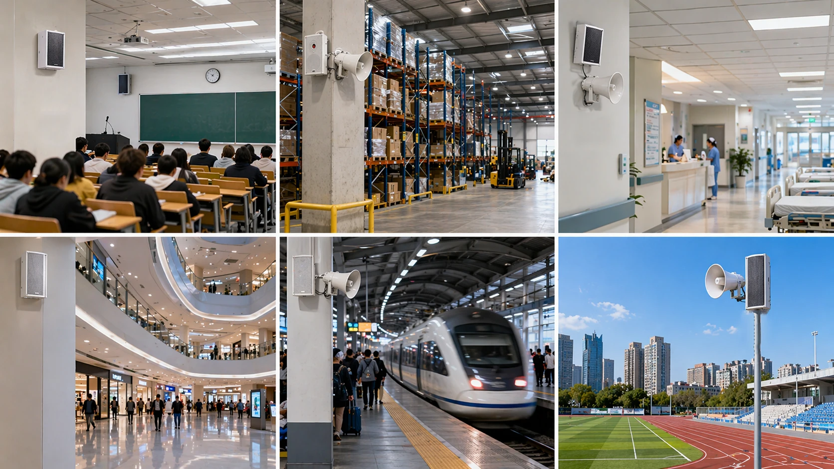 Aplicações de sistemas de sonorização pública em escolas fábricas hospitais transporte e áreas externas Aplicações de sistemas de sonorização pública em escolas fábricas hospitais transporte e áreas externas
