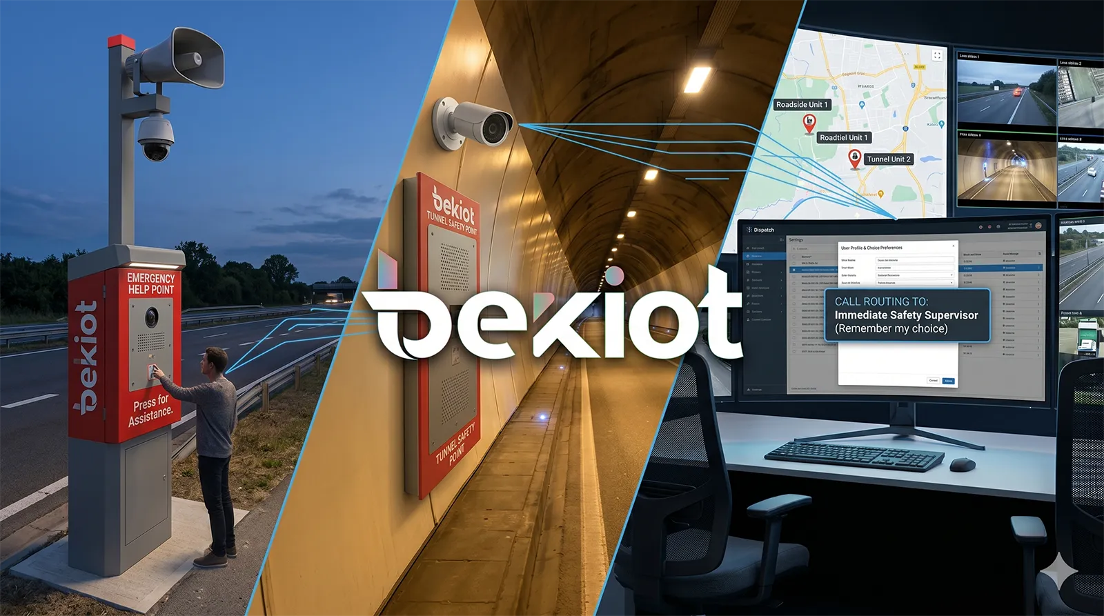 Arquitetura de caixas de chamada de emergência para rodovias e túneis conectada a um centro de monitoramento com câmeras, alto-falantes e software de despacho
