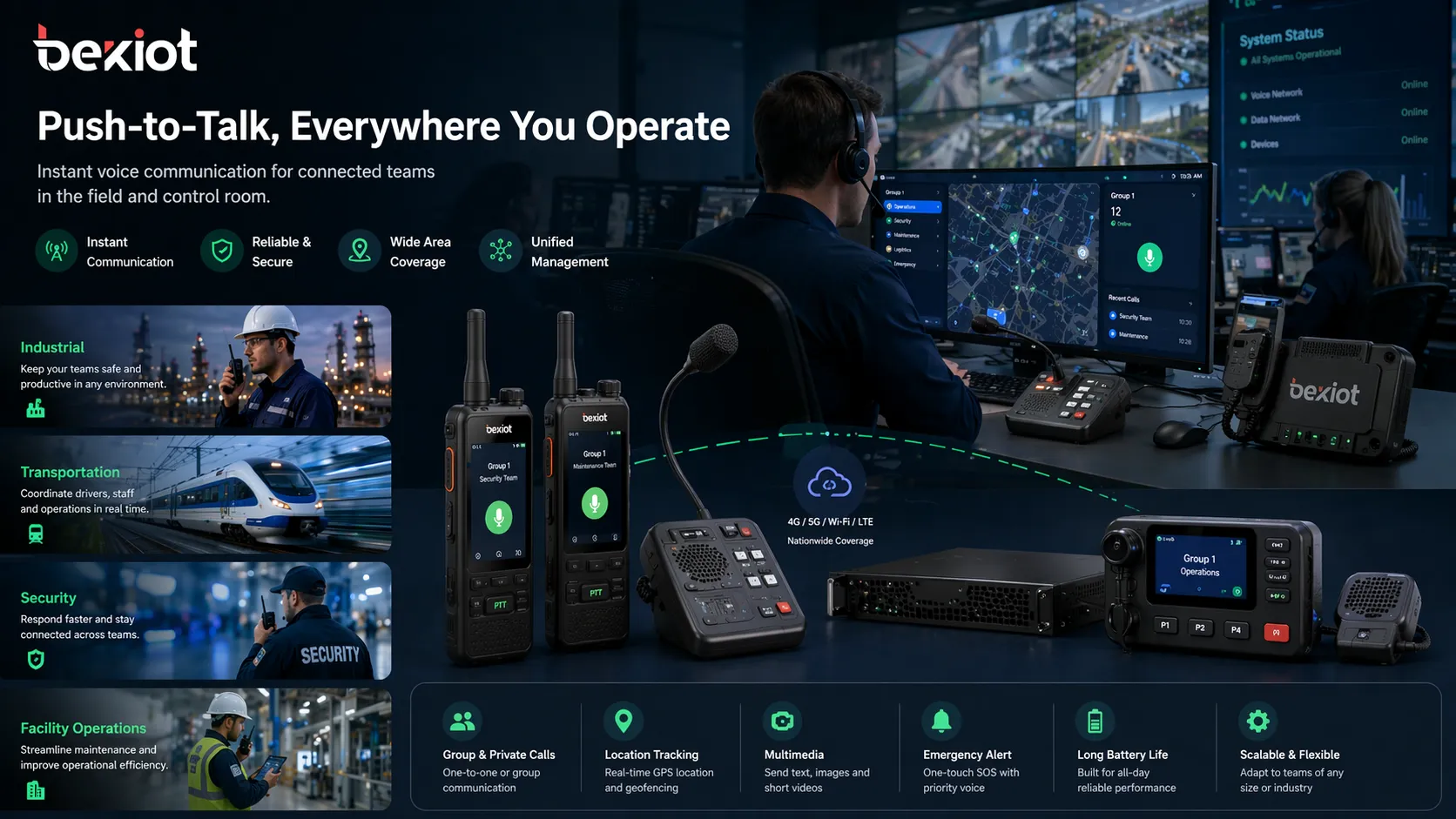 Push-to-Talk usado em operações industriais, transporte, segurança e gestão de instalações com equipes de campo e pessoal de despacho conectados