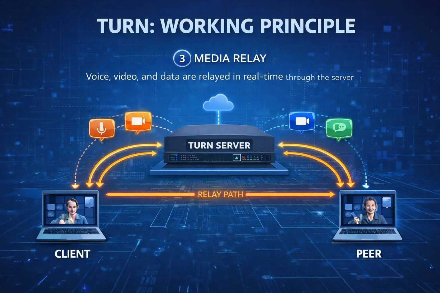 Sessões de voz, vídeo e dados em tempo real retransmitidas através de um servidor TURN em diferentes cenários de aplicação