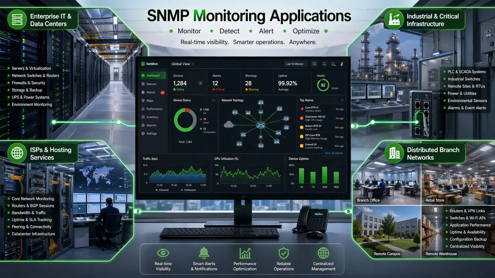 Monitoramento SNMP usado em redes empresariais, instalações industriais, filiais e locais de infraestrutura crítica