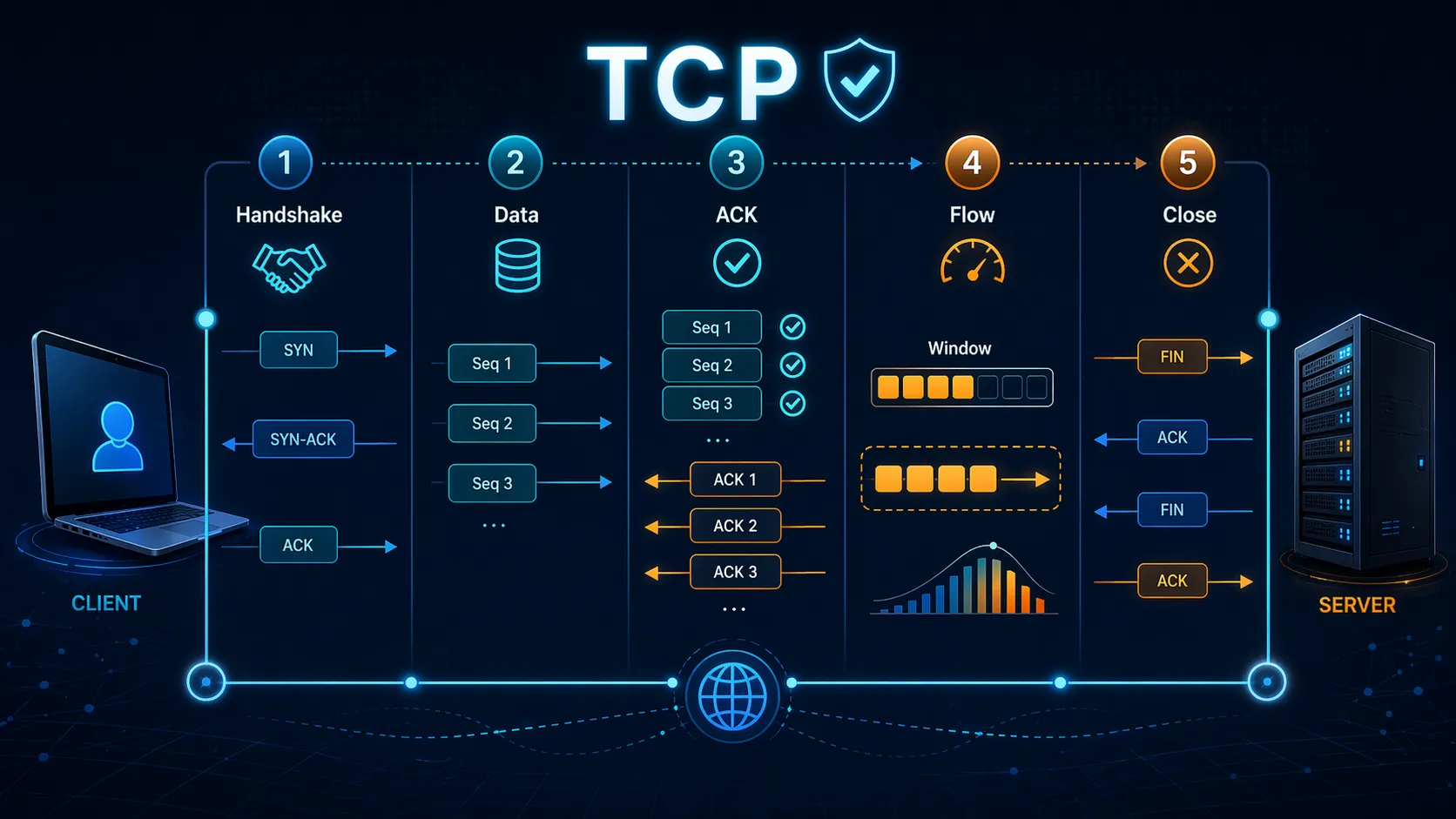 Ilustração do handshake TCP seguido de entrega ordenada de segmentos e troca de confirmações