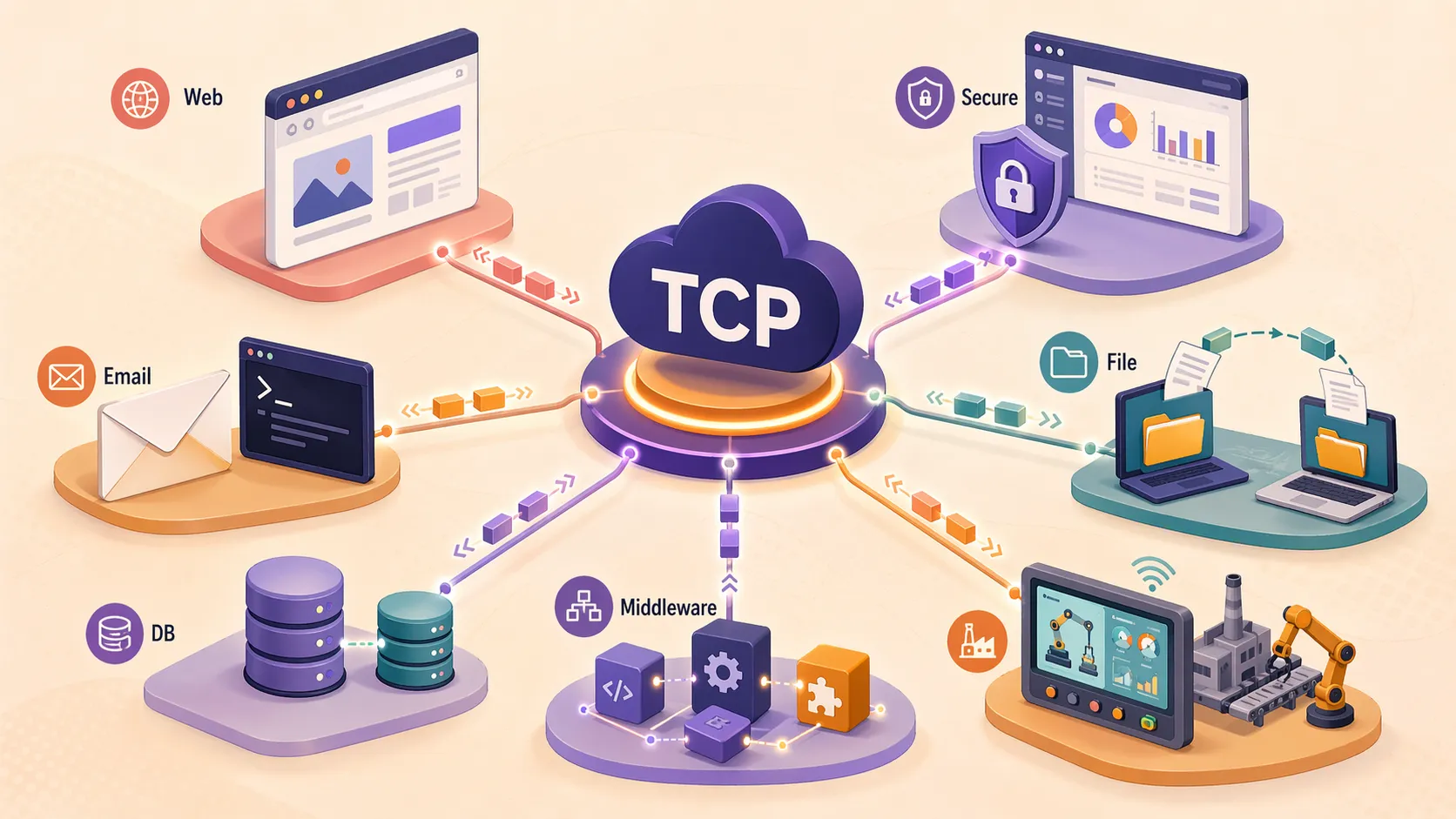 Aplicações empresariais e industriais a usar TCP para acesso web, transferência de ficheiros, bases de dados e comunicação com servidores