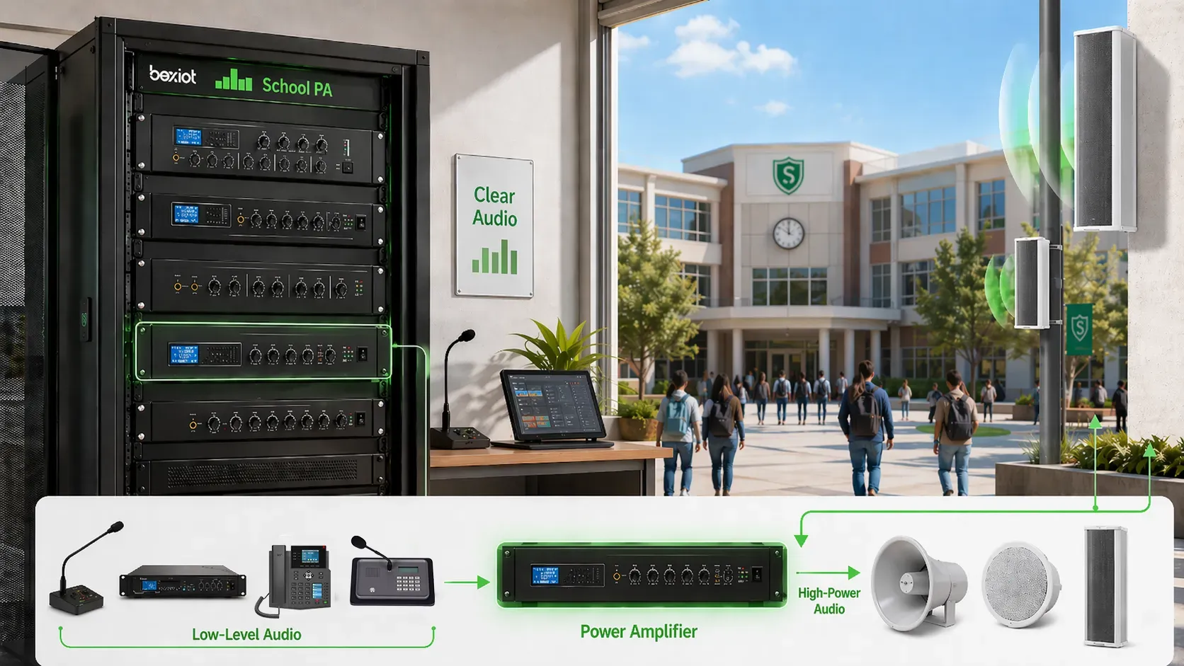 Amplificador de potência em rack instalado em sala de controle profissional de sonorização e áudio