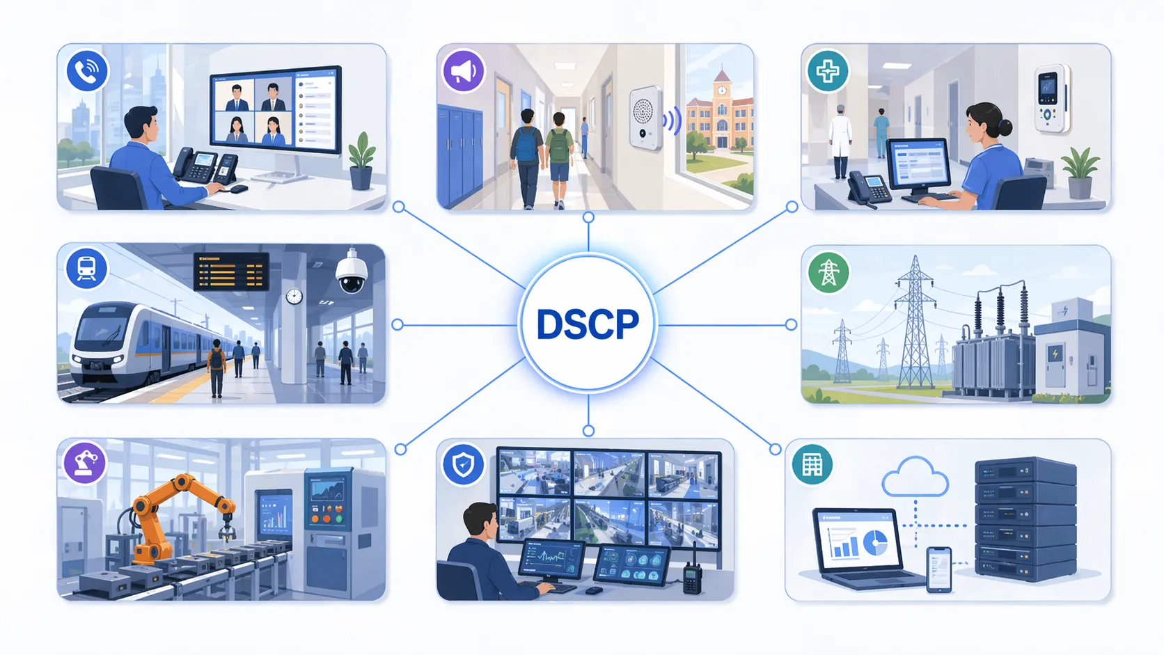 DSCP suportando QoS para tráfego de voz industrial, paginação, monitoramento e redes operacionais