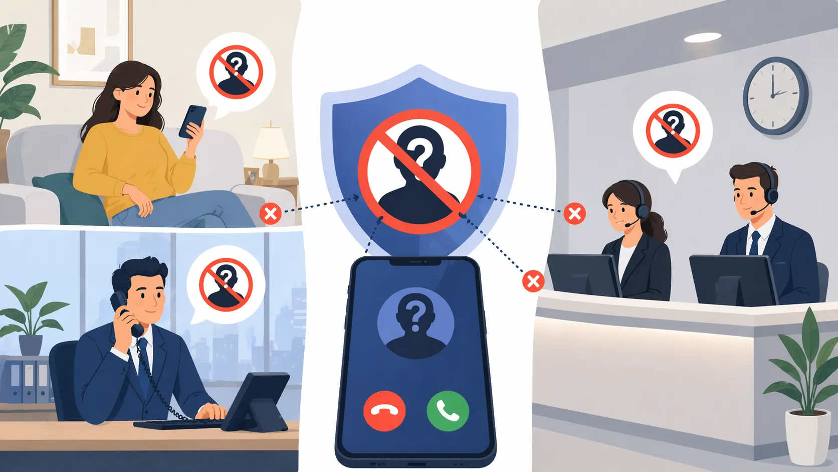 Telefones de mesa de escritório usando Rejeição de Chamadas Anônimas para evitar que chamadas de números privados interrompam a equipe