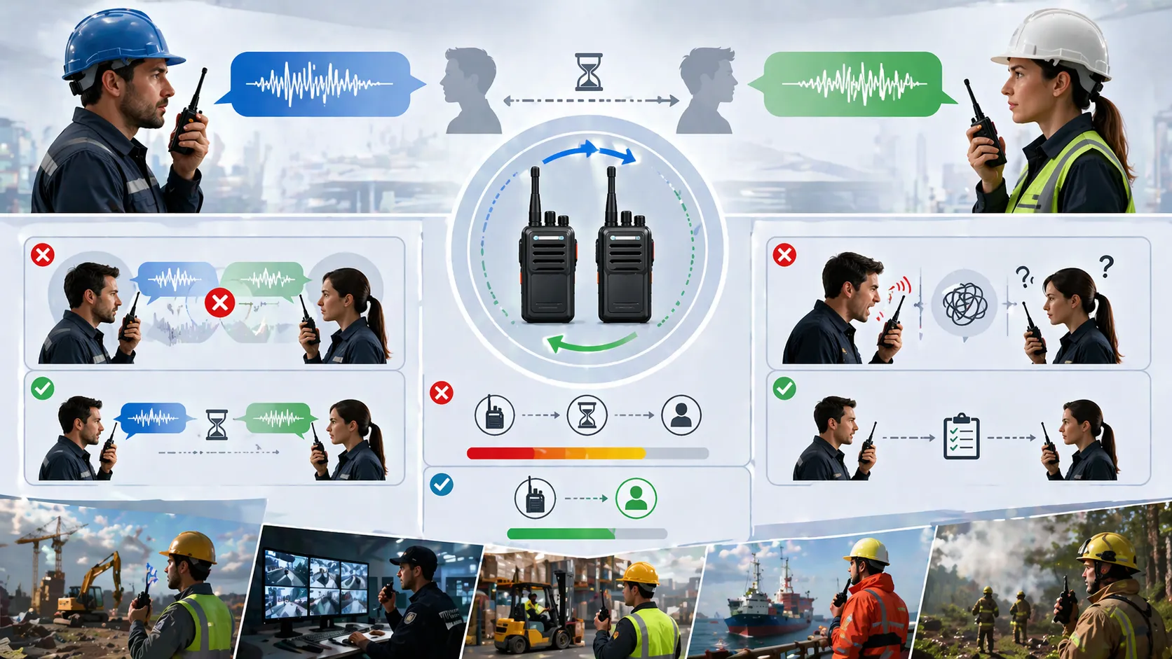 Comunicação half-duplex usada em operações de campo, com usuários transmitindo um por vez em um canal compartilhado