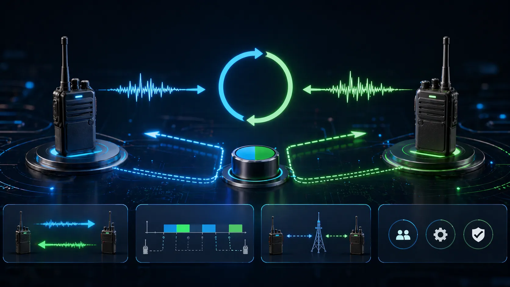 Conceito de comutação de modo duplex mostrando a comunicação movendo-se entre full-duplex, half-duplex e estados de transmissão-recepção