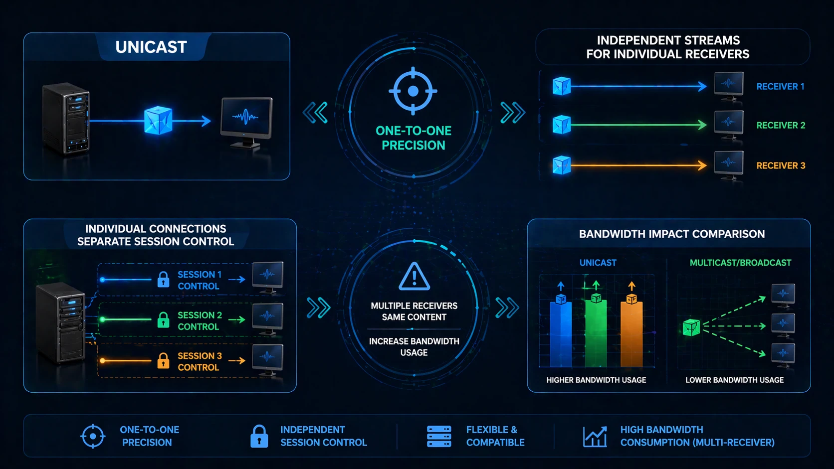 Múltiplas sessões unicast independentes entregando fluxos individuais um-para-um para diferentes pontos finais