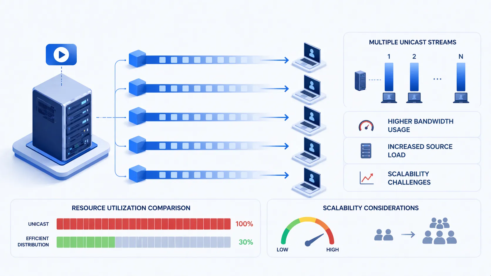 Exemplo de escalabilidade do unicast mostrando uma origem enviando múltiplos fluxos separados para muitos receptores