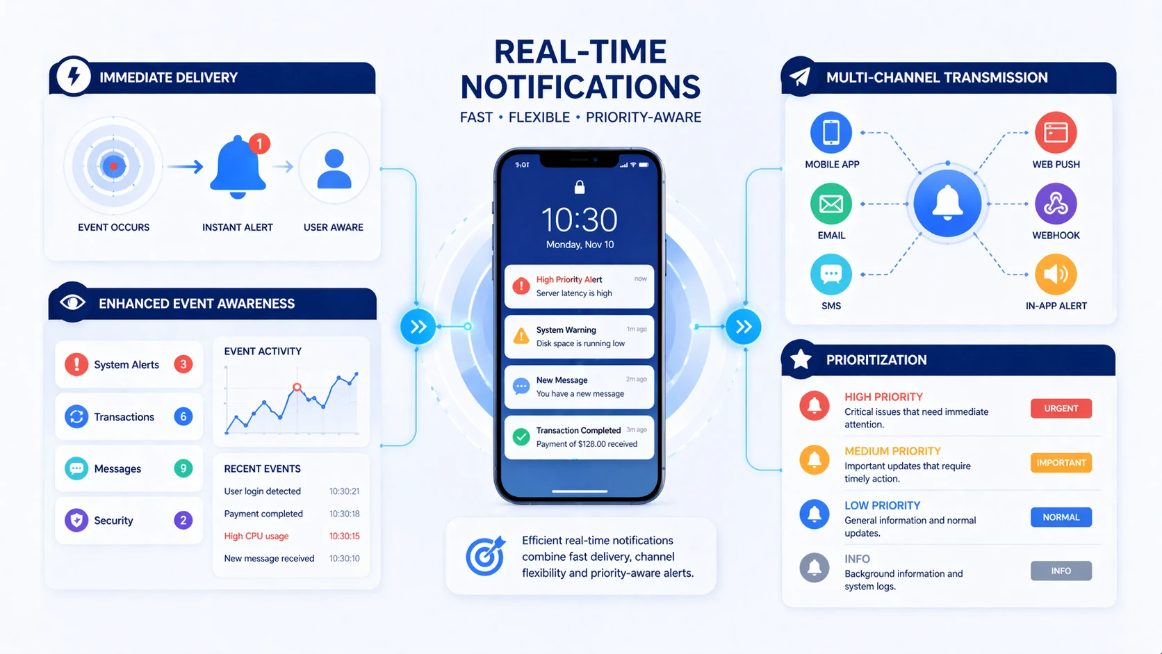 Plataforma de notificação em tempo real com alertas multicanal, níveis de prioridade e entrega imediata de eventos