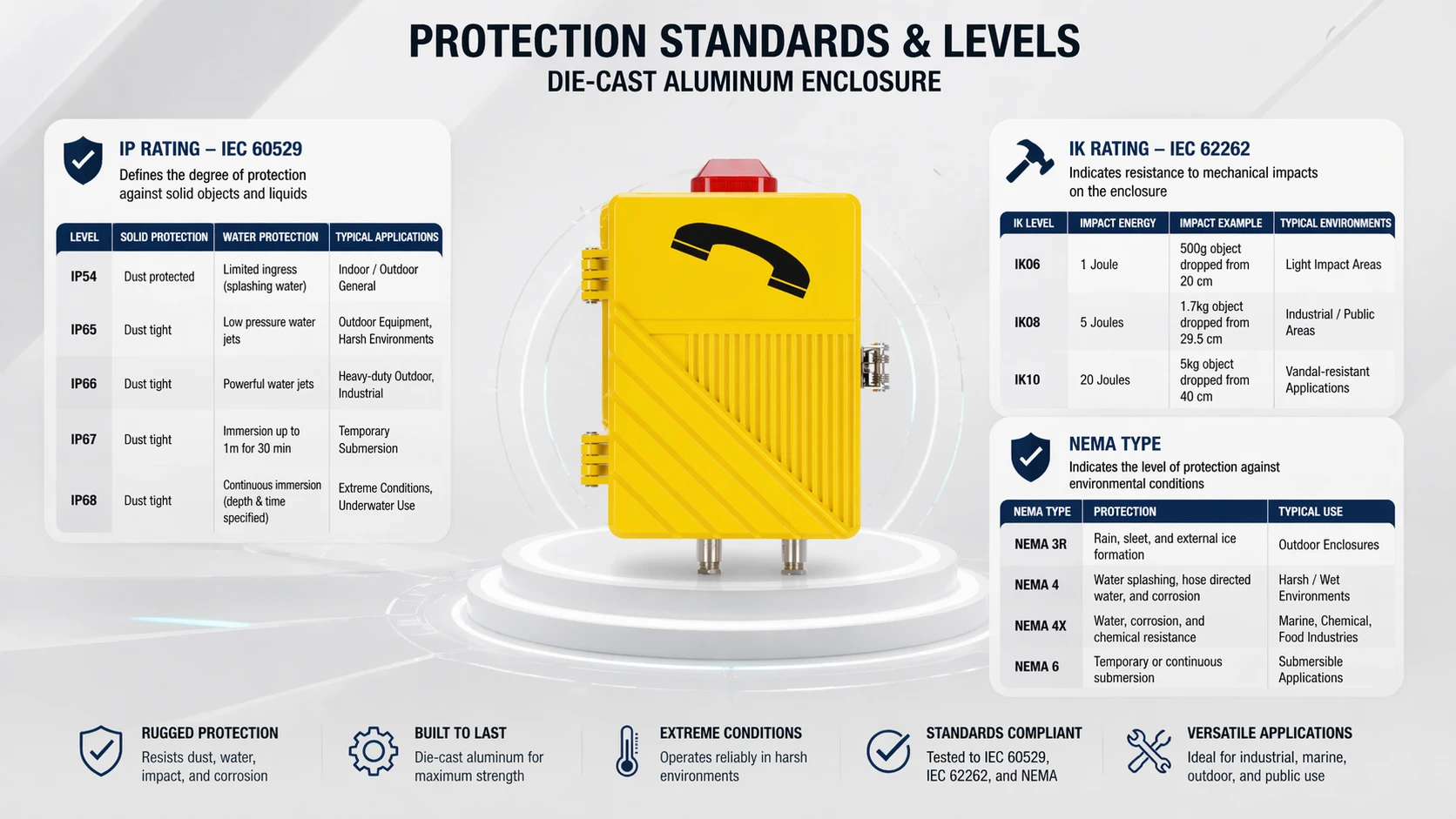 Invólucro de alumínio fundido sob pressão com ênfase na proteção IP, resistência a impactos IK e considerações de tipo NEMA