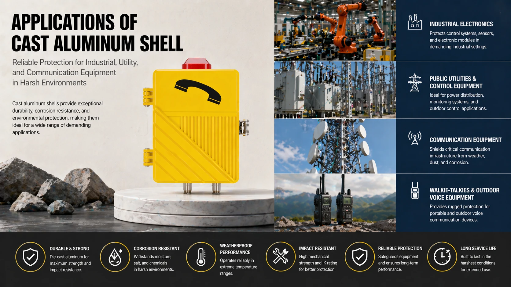 Invólucros de alumínio fundido sob pressão usados em eletrônicos industriais, interfones externos e equipamentos de comunicação para ambientes agressivos