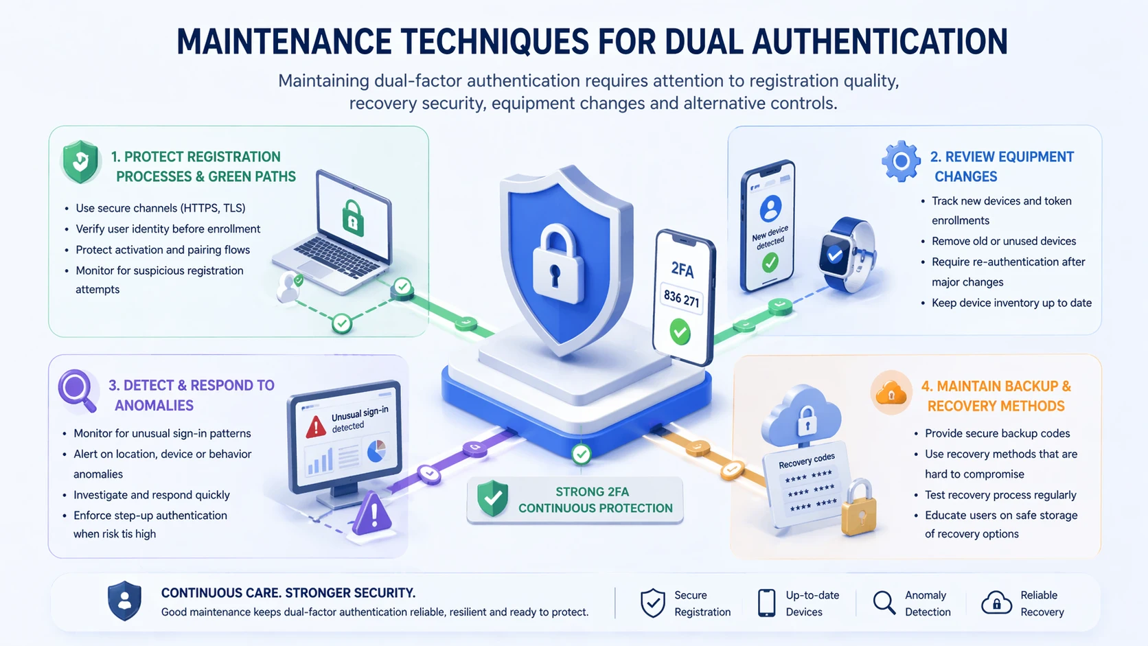 Processo de manutenção da autenticação de dois fatores abrangendo registro, recuperação, dispositivos confiáveis e revisão de políticas